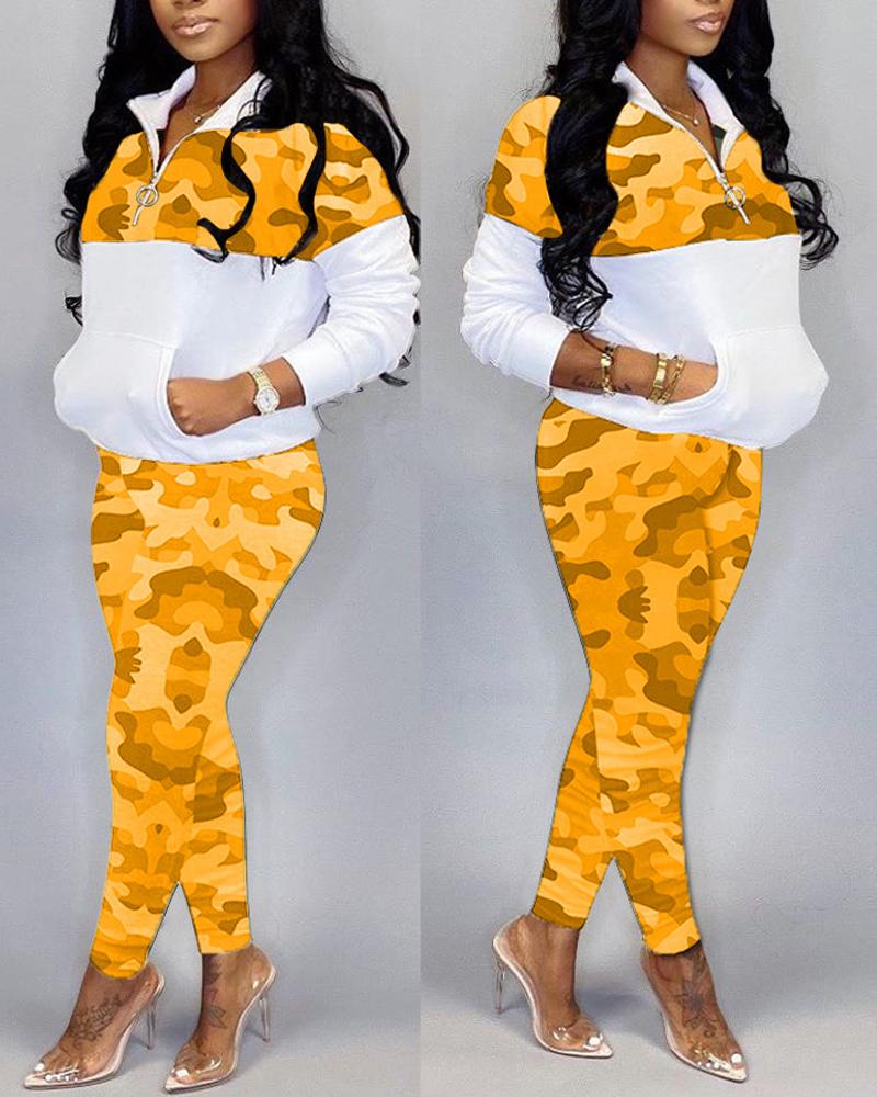 

Camo Print Pocket Detail Zipper Front Top & Pants Set, Yellow