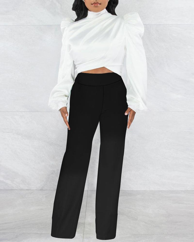 

Puff Sleeve Ruched Top & Wide Leg Pants Set, White