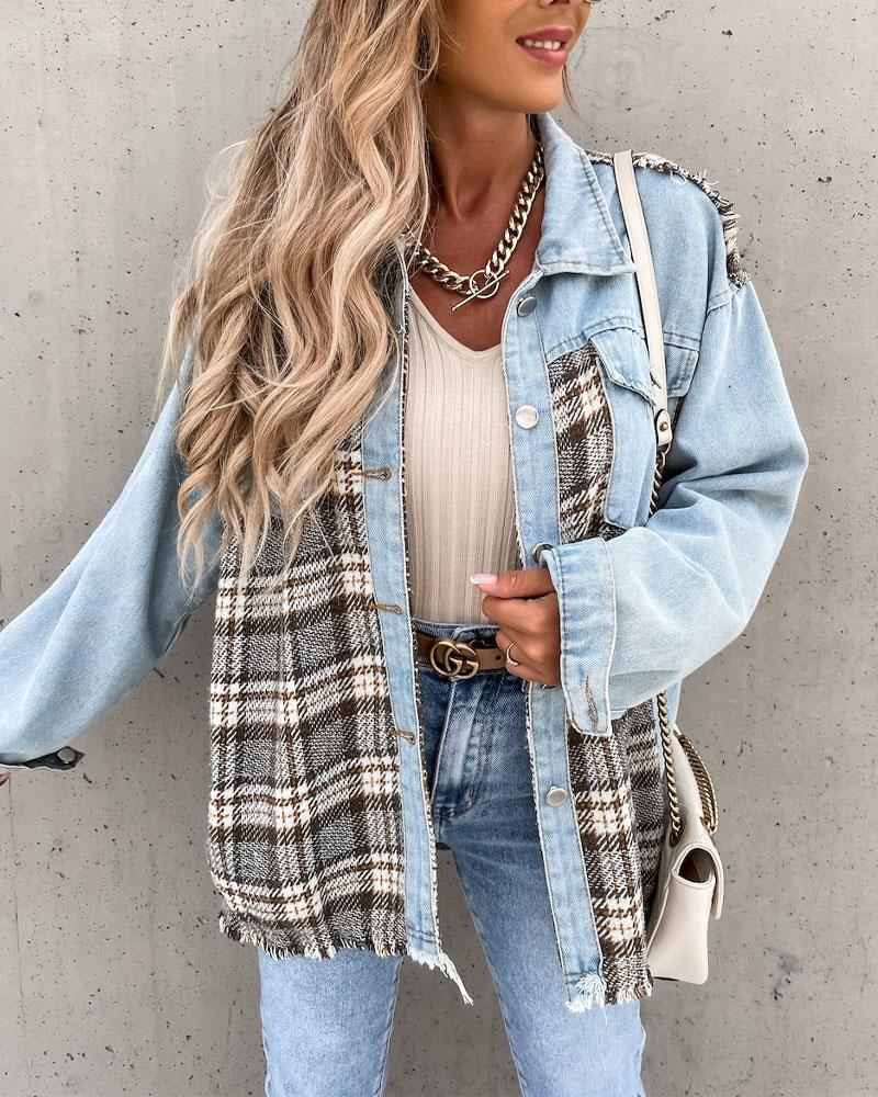 

Plaid Panel Patch Button Front Raw Hem Denim Coat, Blue