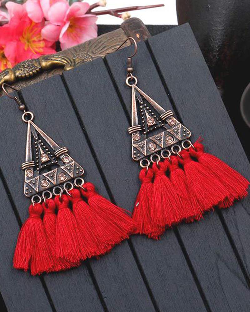 

1Pair Bohemian Ethnic Style Tribal Triangle Tassel Design Hook Earrings, Red