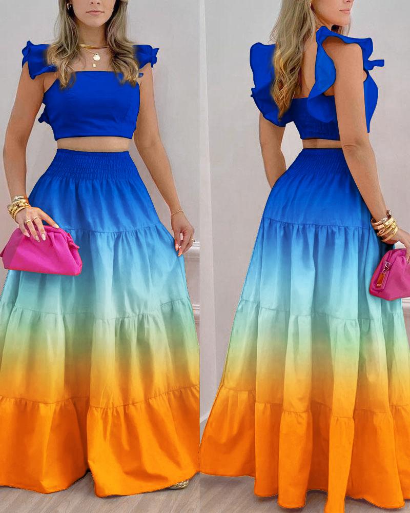 

Ombre Shirred Crop Top & Skirt Set, Multicolor