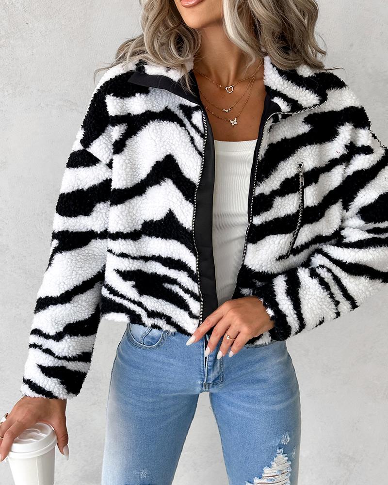 

Zebra Stripe Pattern Zipper Design Fleece Teddy Jacket, Blackwhite