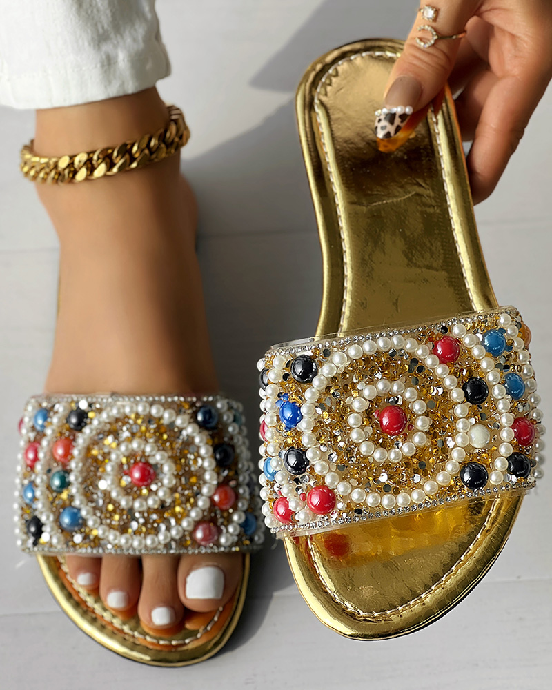 

Colorblock Beaded Wide Strap Slippers, Gold