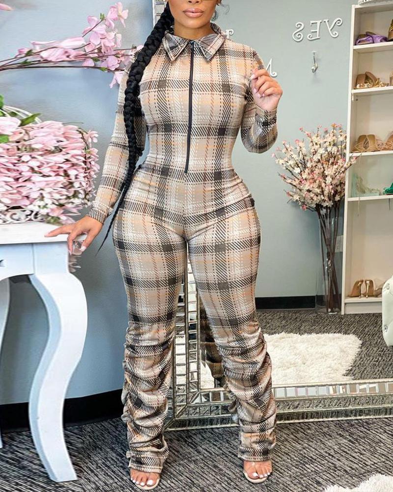 

Plaid Print Zip Front Long Sleeve Ruched Jumpsuit, Brown