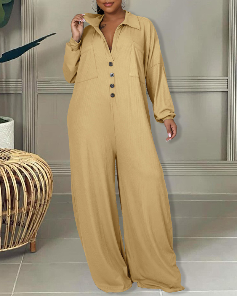 

Long Sleeve Pocket Design Wide Leg Jumpsuit, Khaki