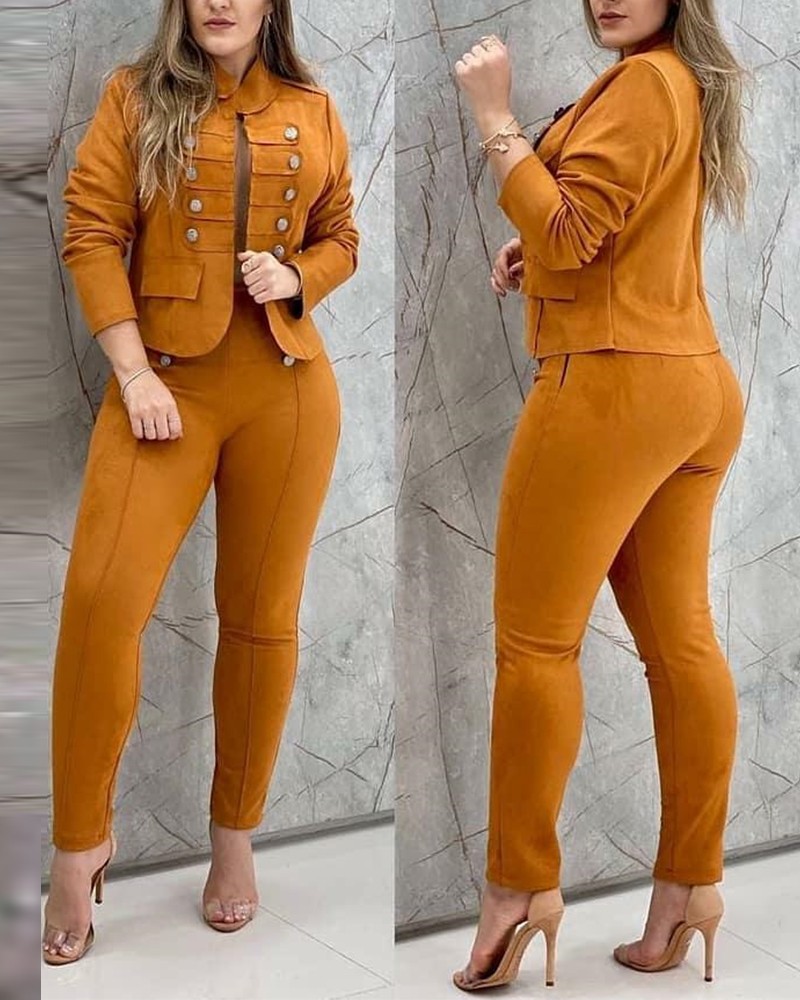 Conjunto de pantalÃ³n y blazer cruzado de color liso Online. Discover hottest trend fashion at 