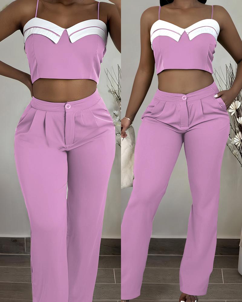 

Crop Cami Top & Ruched Pocket Design Pants Set, Pink