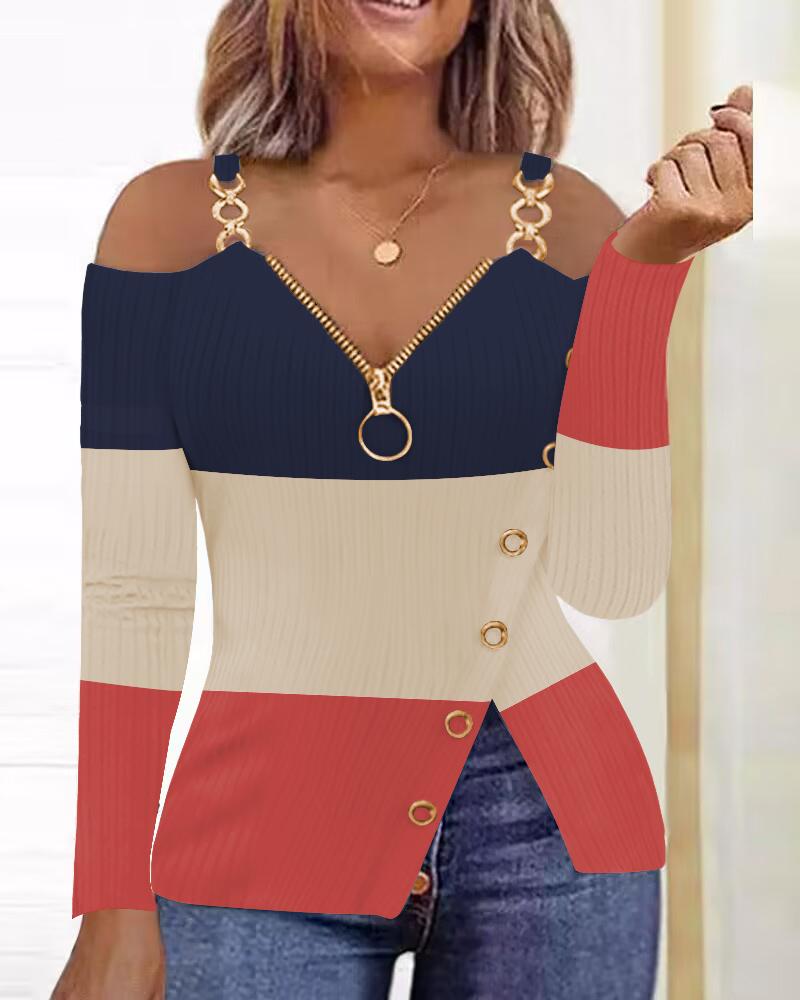 

Striped Colorblock Cold Shoulder Chain Decor Top, Multicolor