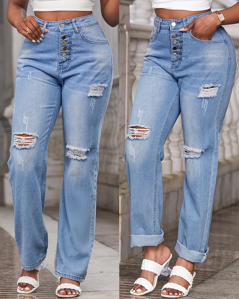 

Button Fly Ripped Low Waist Jeans, Blue