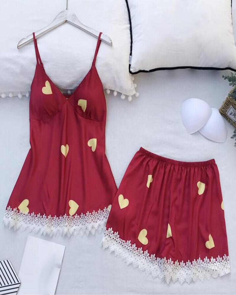 

Satin Heart Print Lace Trim Cami Set, Wine red