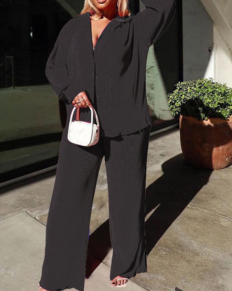 

Pastel Button Front Top & Wide Leg Pants, Black