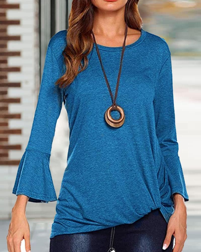 

Bell Sleeve Twist Hem Top, Blue