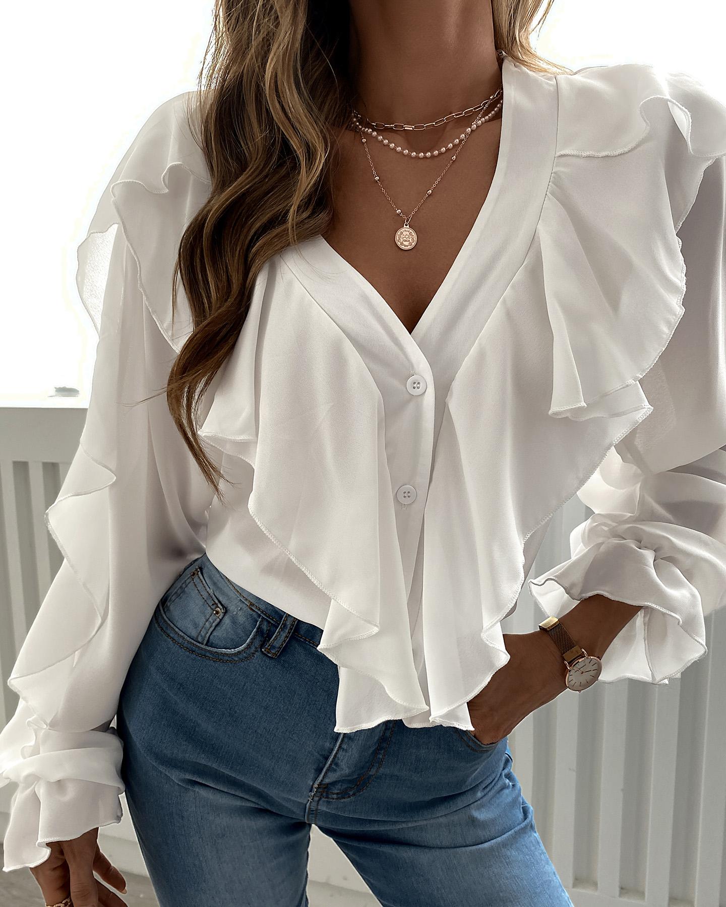 

Ruffles Button Design Long Sleeve Top, White