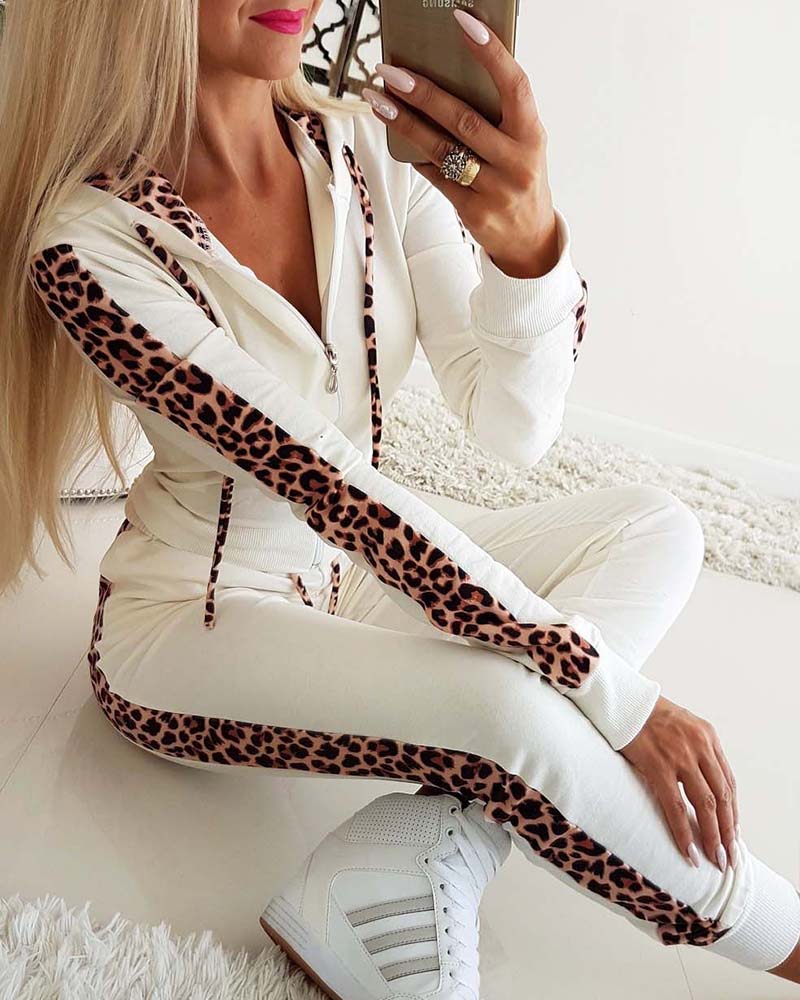 

Leopard Print Zipper Design Drawstring Hooded Top & Pants Set, White