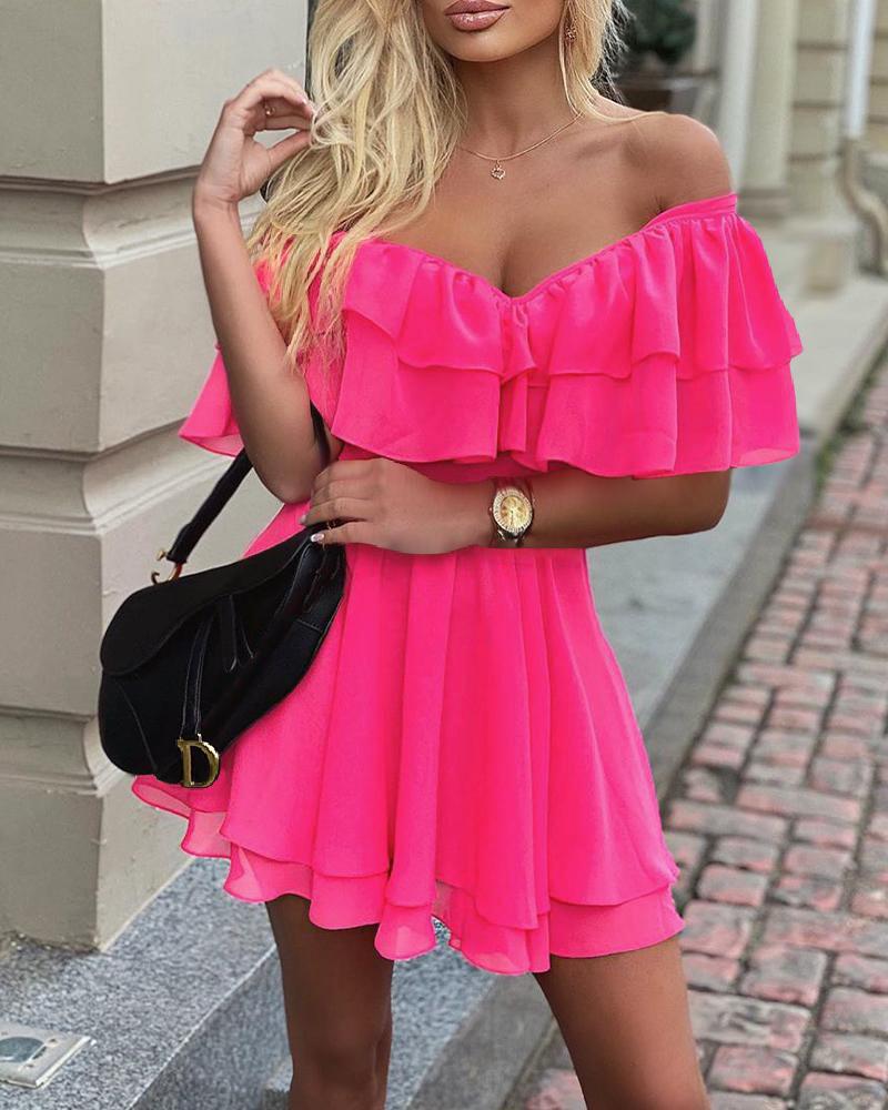 

Off Shoulder Ruffle Fit Flare Dress, Hot pink