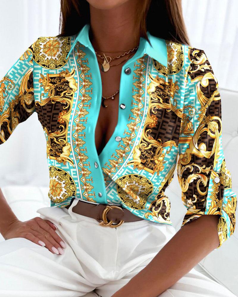 

Baroque Geo Print Roll Tab Sleeve Buttoned Shirt, Multicolor