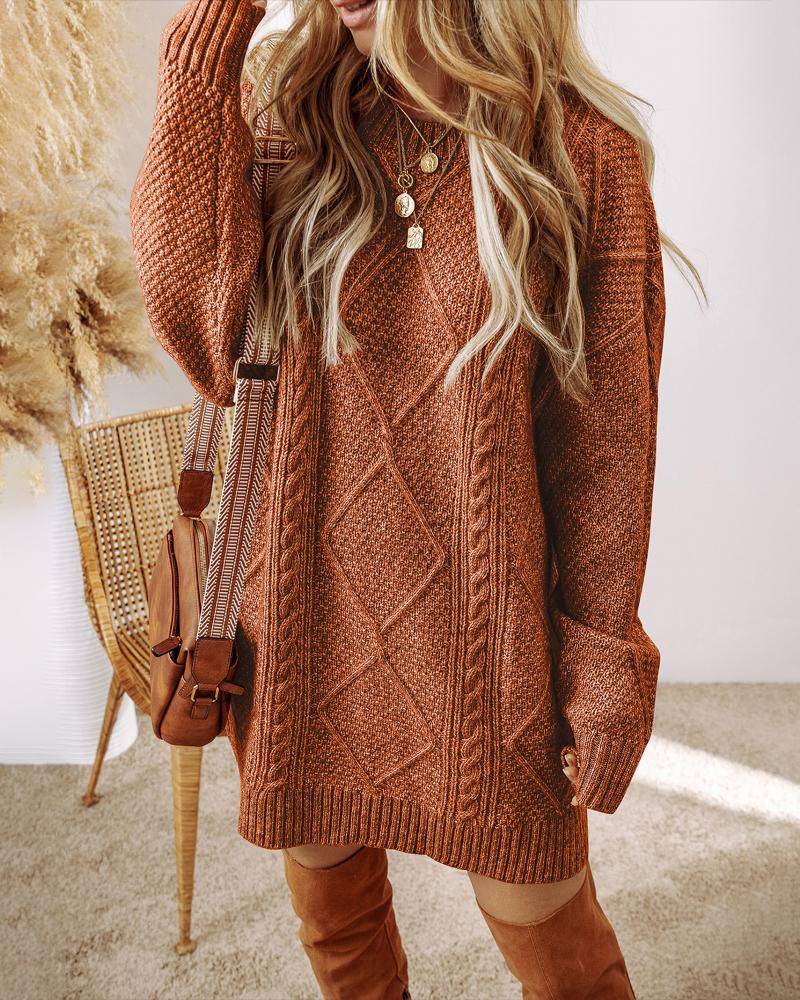 

Round Neck Long Sleeve Sweater Dress Casual Loose Fit Cable Knit Pullover Mini Dress, Brown