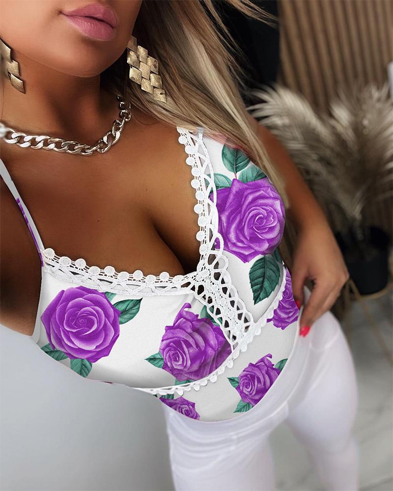 Kaufen Floral Print Guipure Lace Patch Cami Top. Bild