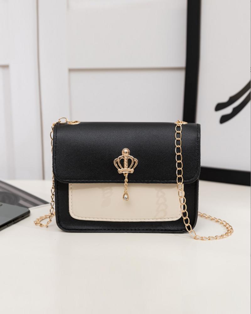 

Crown Decor Lock Chain Strap Flap Shoulder Bag, Black