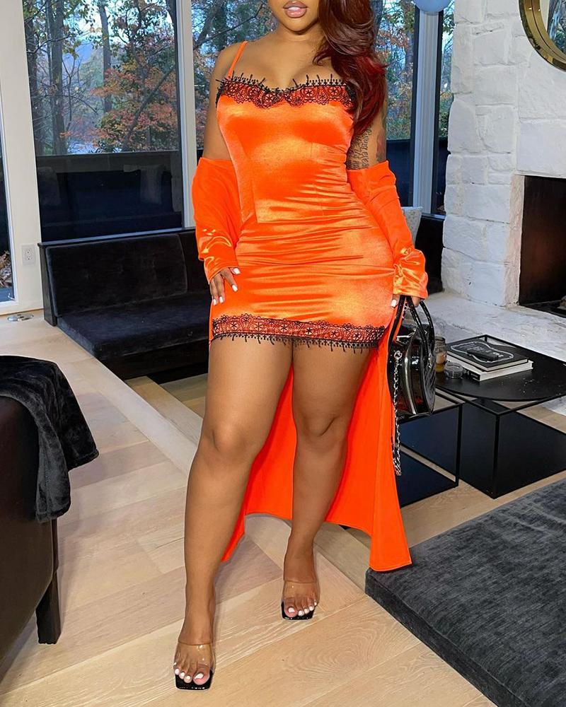

Spaghetti Strap Lace Trim Nightgown & Long Sleeve Robe Sets, Orange