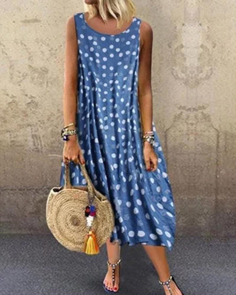 

Boho Style Polka Dot Sleeveless Loose Maxi Dress, Blue