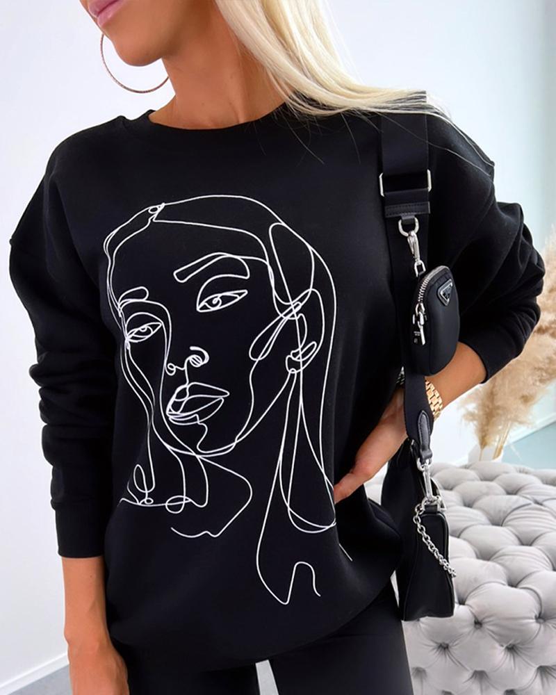 

Figure Print Long Sleeve Sweatshirt, Black