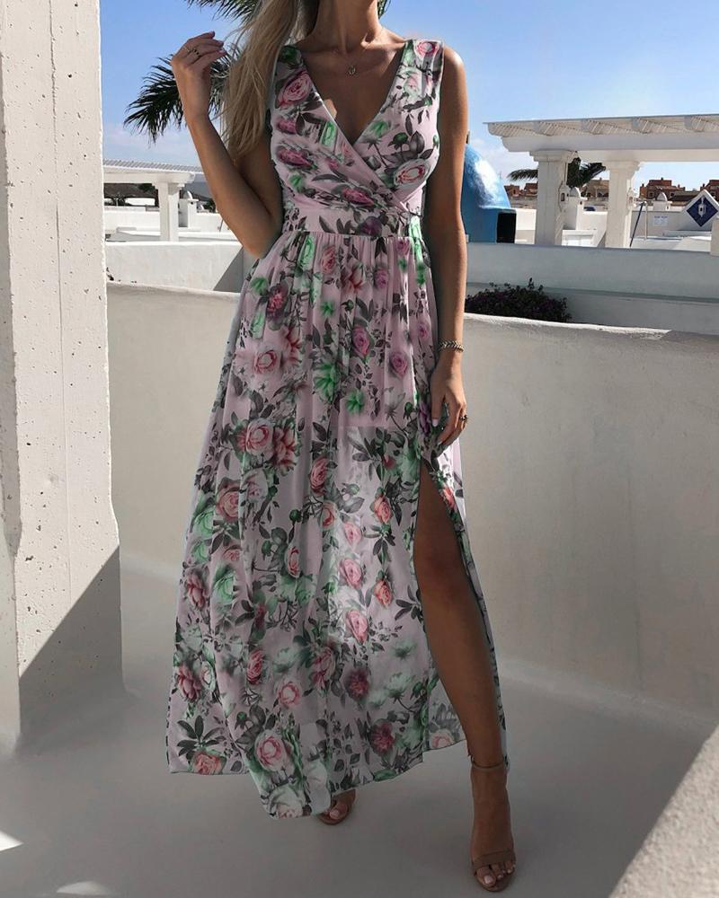 

Vacation Style All Over Print Skinny Waist Sleeveless Slit Chiffon Maxi Dress, Purple