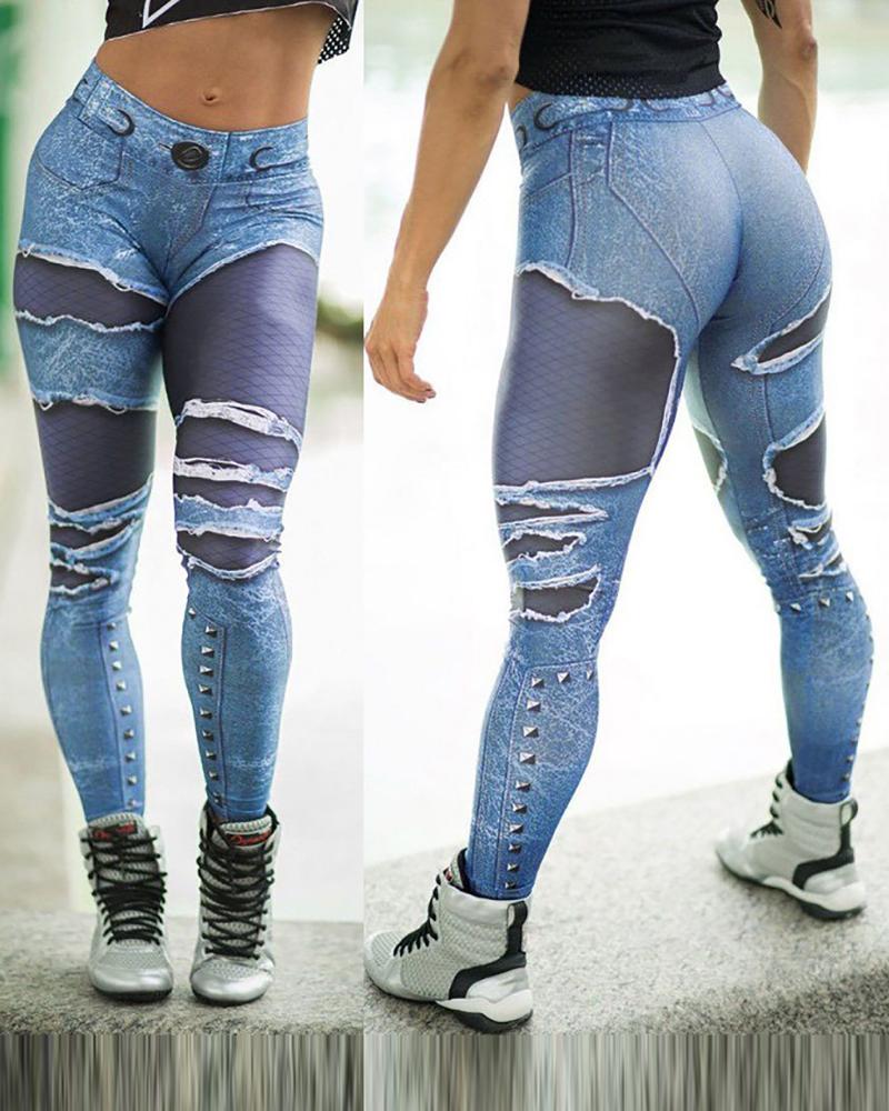 

Denim Print Butt Lifting Skinny Active Pants, Blue