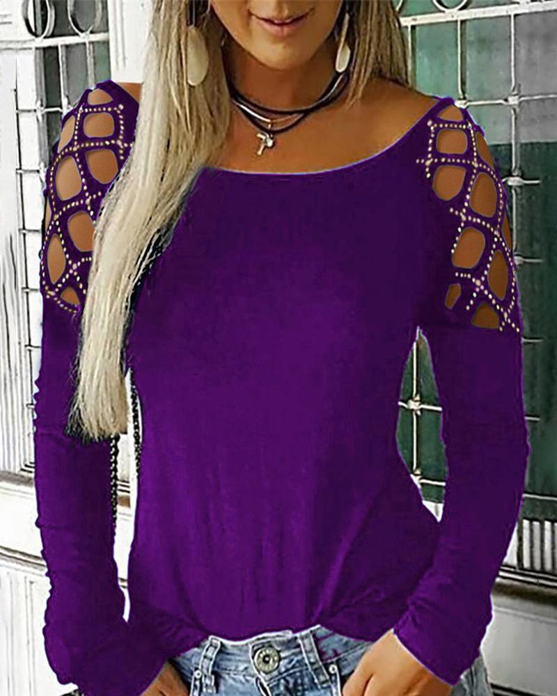

Plus Size Rhinestone Decor Cold Shoulder Top, Purple