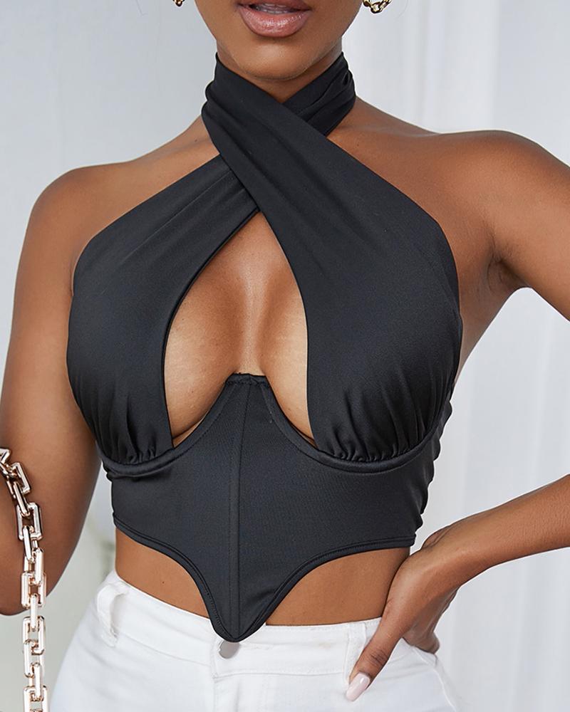 

Halter Sleeveless Asymmetrical Cutout Corset Top, Black