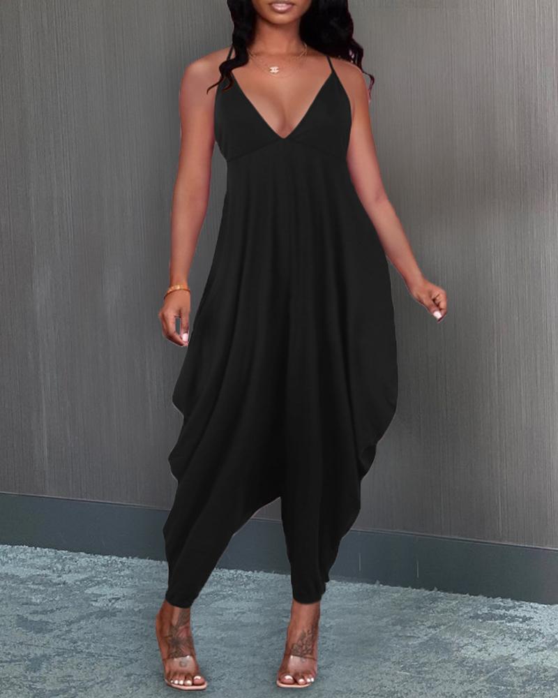 

Solid Color Sling Loose Jumpsuits, Black