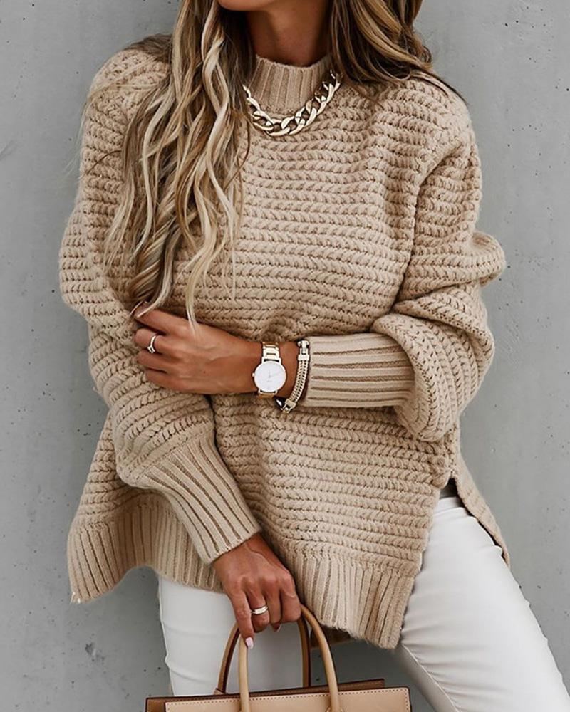 

Long Sleeve Mock Neck Split Hem Sweater, Khaki