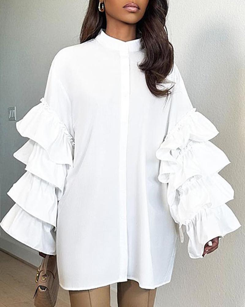 

Stand Collar Layered Ruffles Bell Sleeve Top, White