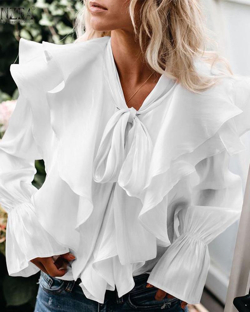 

Ruffle Hem Tied Detail Bell Sleeve Blouse, White