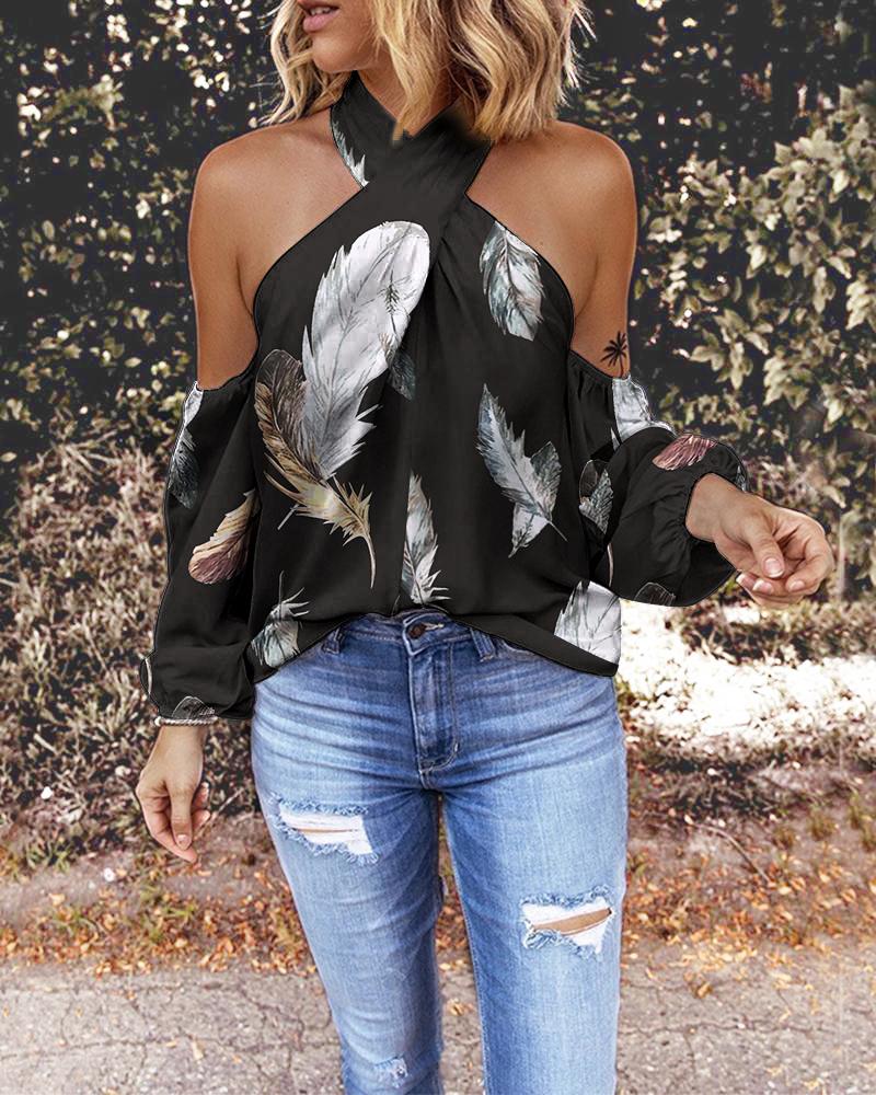 

Feather Print Crisscross Halter Cold Shoulder Top, Black