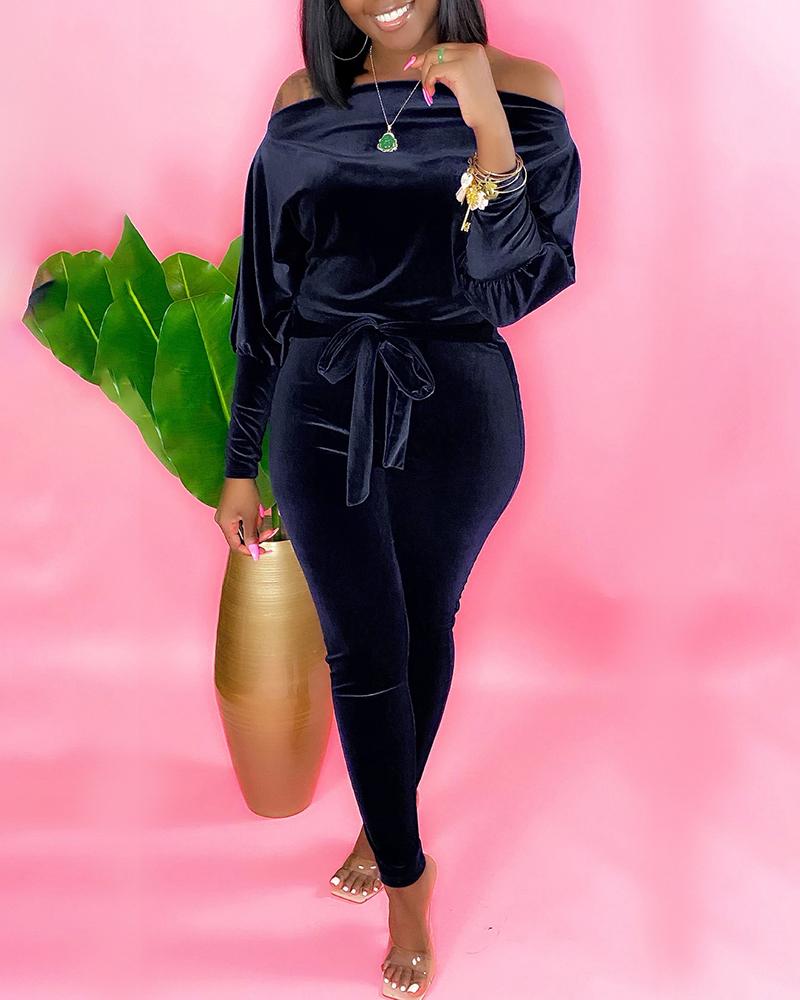 

Off Shoulder Velvet Long Sleeve Jumpsuit, Black