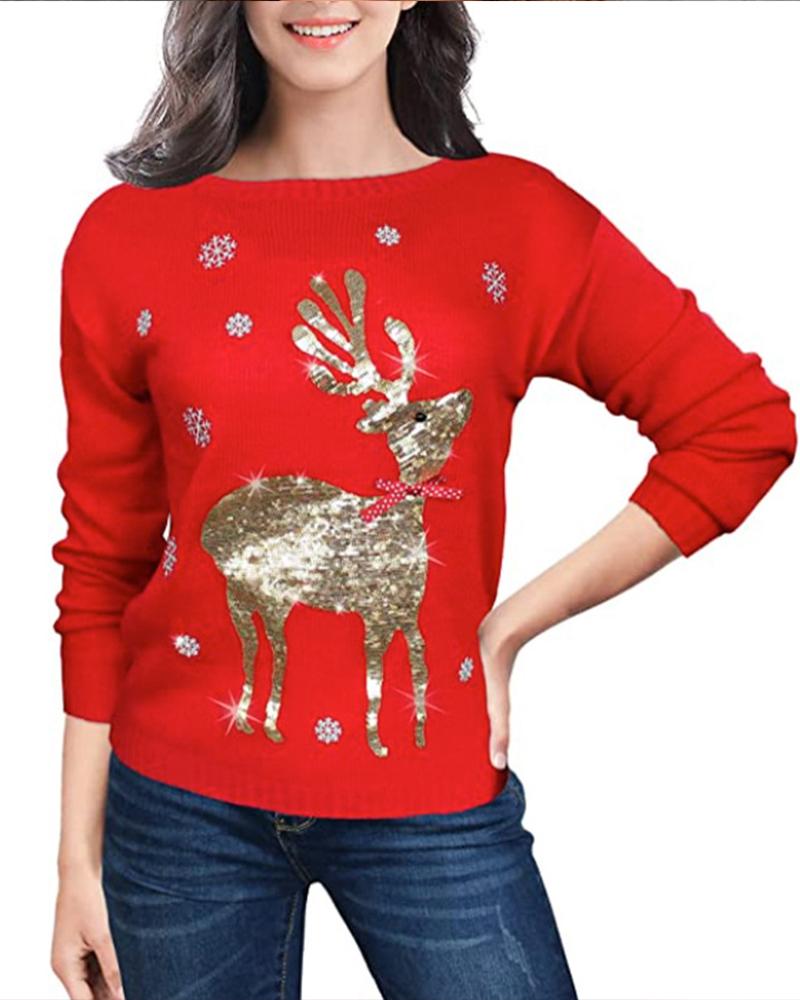 

Christmas Snowflake Elk Pattern Long Sleeve Sweater, Red