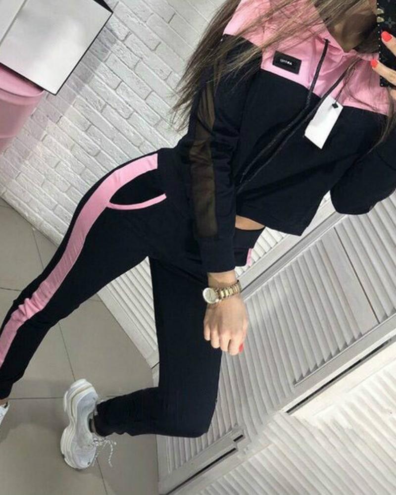

Hooded Colorblock Insert Drawstring Sweatshirt & Pants Sets, Pink