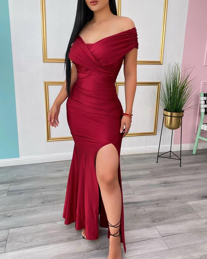 

Off Shoulder Ruffle Hem High Slit Maxi Women Dress, Wine red