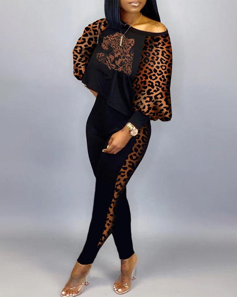 

Leopard Print Long Sleeve Casual Top & Pants Set, Black
