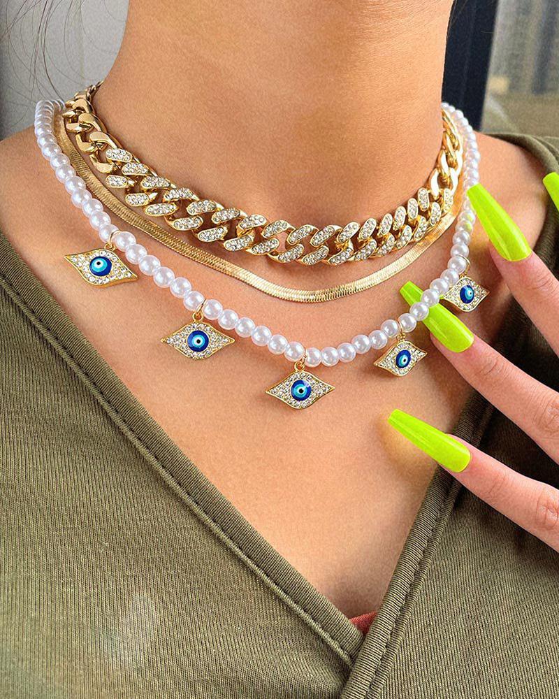 

3pcs Devil Eye Pendant Beaded Chain Layered Necklace, Gold