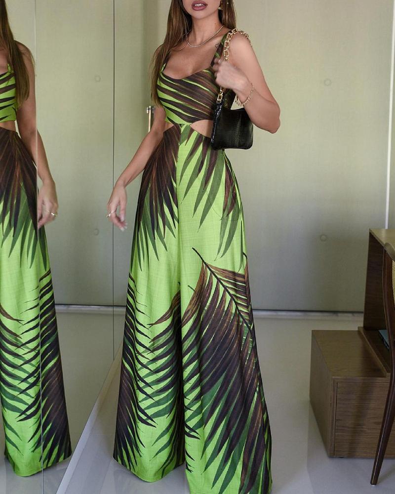 

Tropical Print Knotted Cutout Wide Leg Jumpsuit, Green