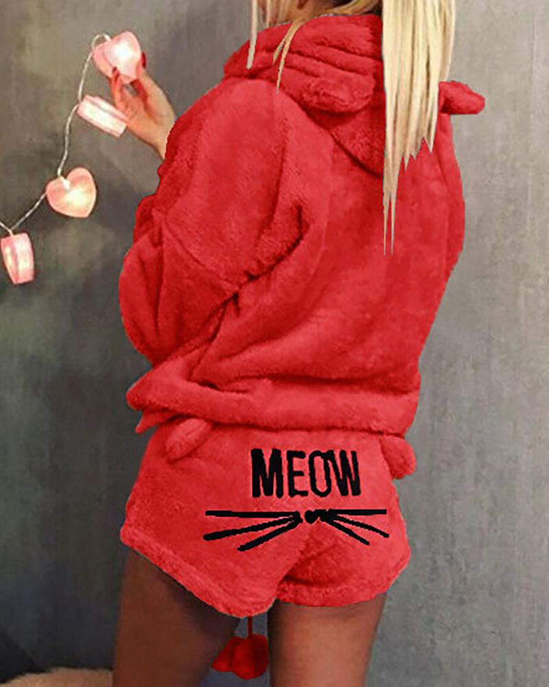 

Fluffy Hooded Coat & Short Sets, Red
