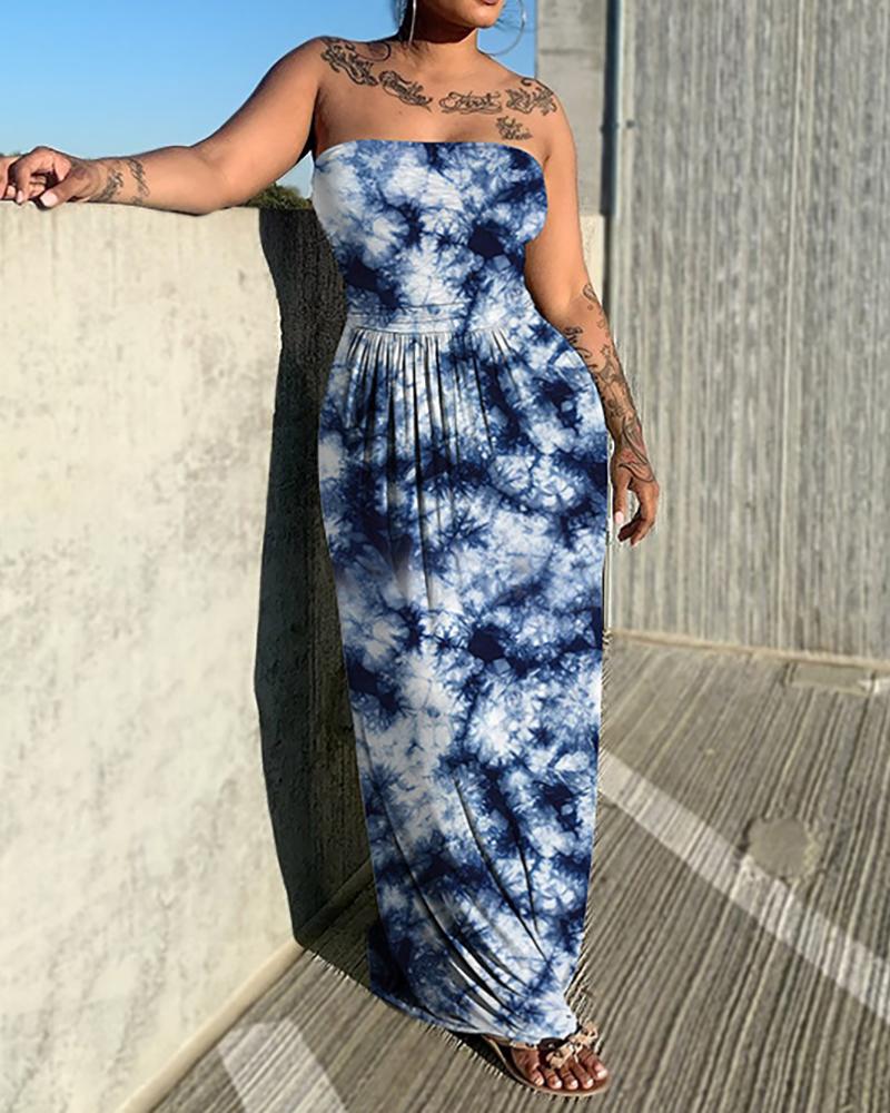 

Bandeau Tie Dye Print Ruched Sleeveless Maxi Dress, Blue