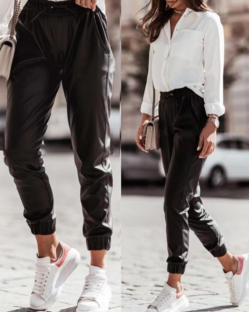 

Pocket Design PU Leather High Waist Lined Pants, Black