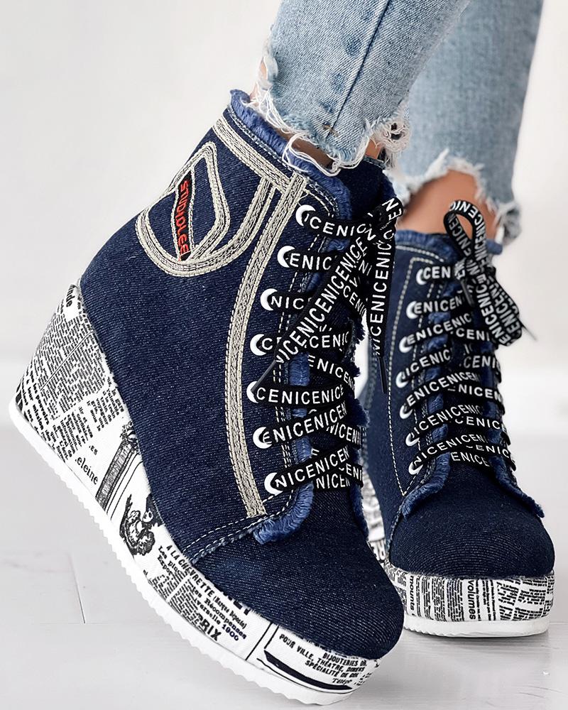 

Newpaper Lace-up Platform Wedge Ankle Boots, Dark blue