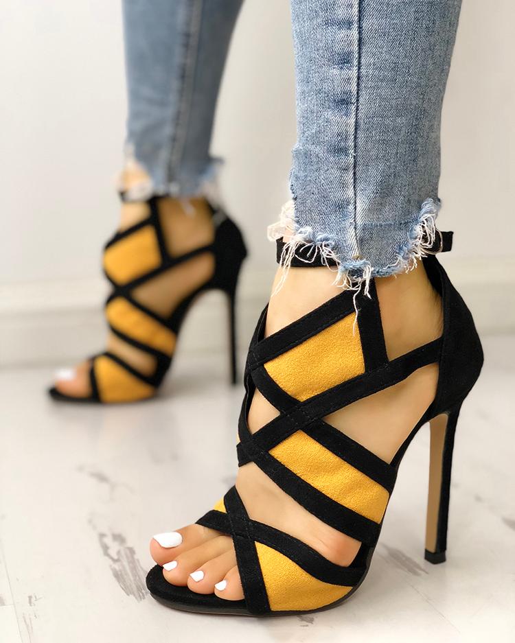 

Contrast Color Caged Bandage Heeled Sandals, Yellow