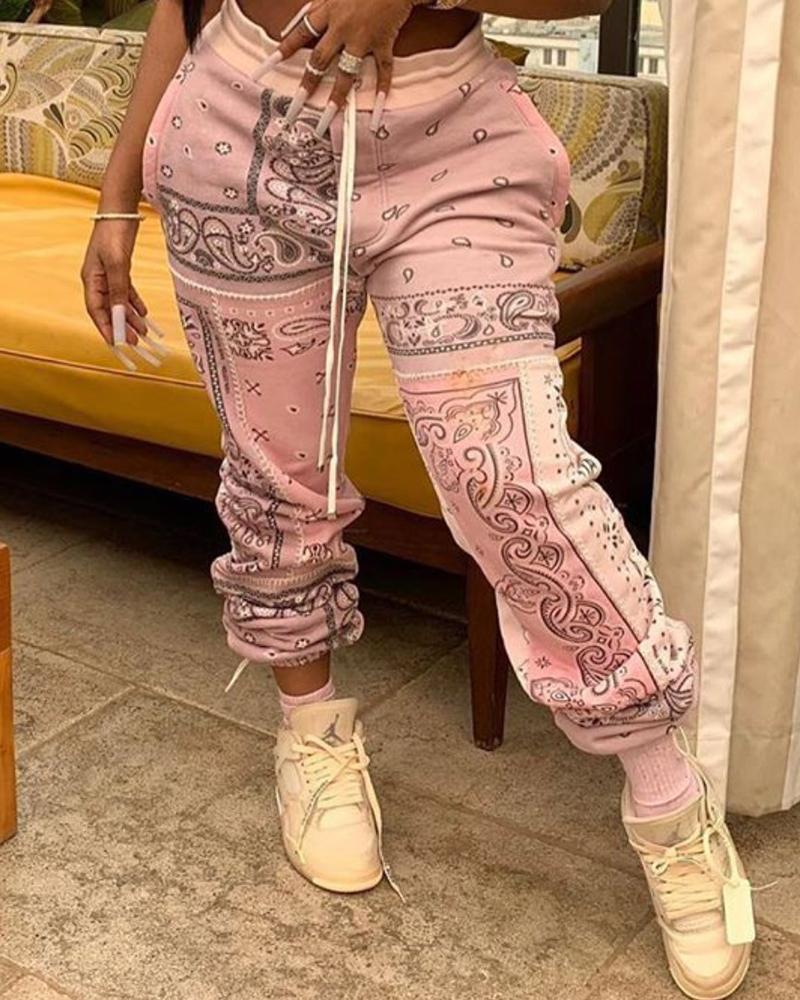 

Plus Size Paisley Print Drawstring Ruched Pants, Pink