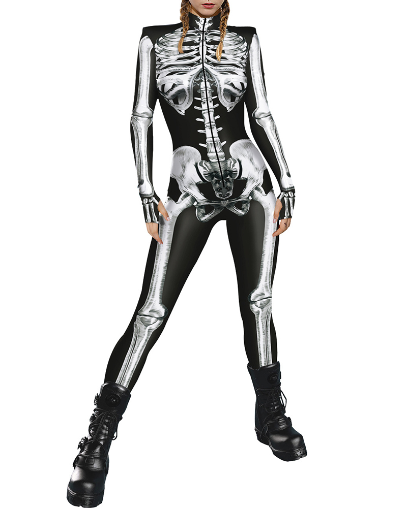 

Halloween Skeleton Pattern Print Costume Jumpsuit, Black
