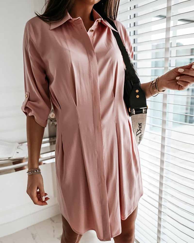 

Button Design Ruched Shirt Dress, Pink